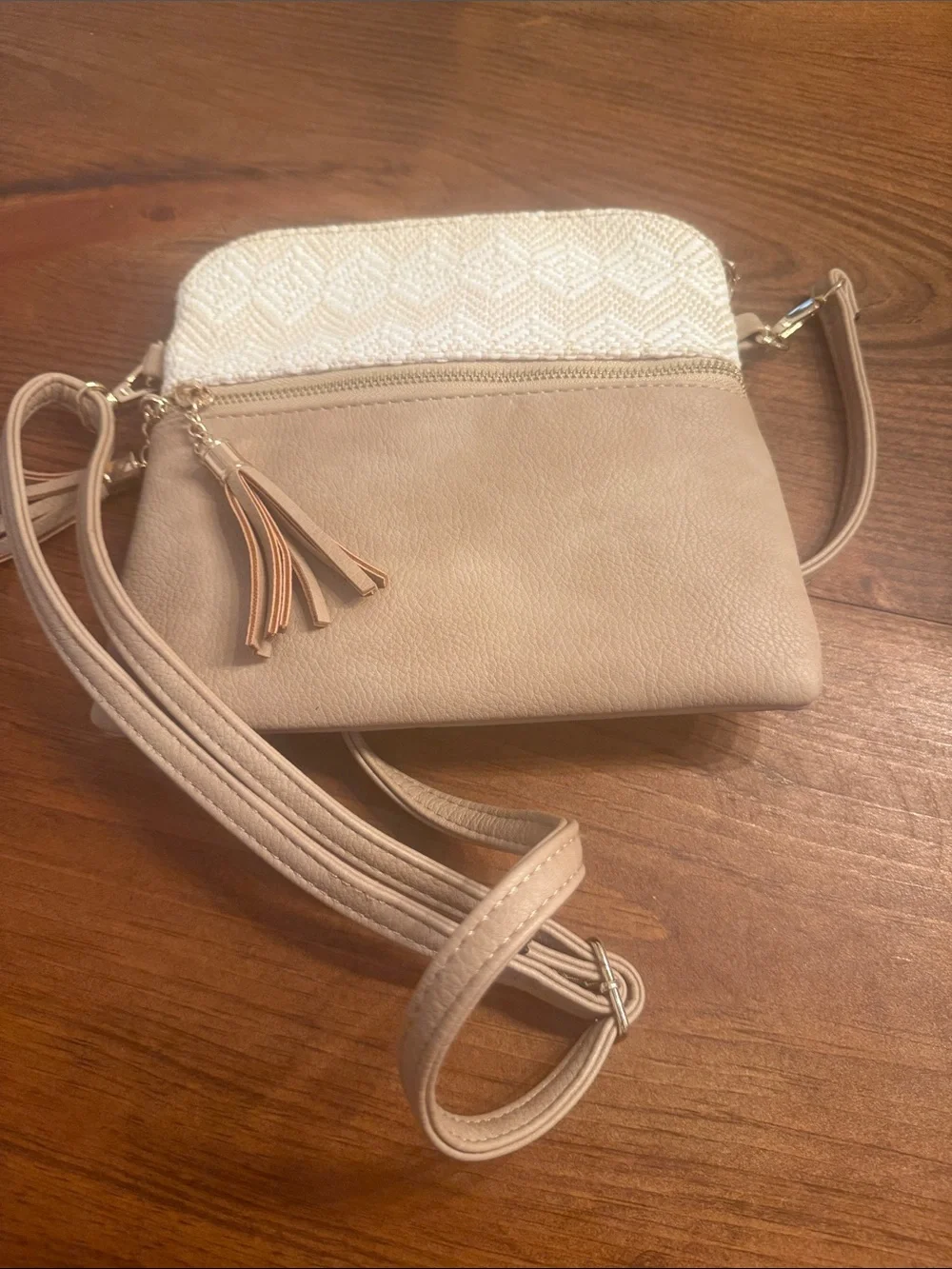 Beige Crossbody Bag with Woven Cream Accent and Tassel